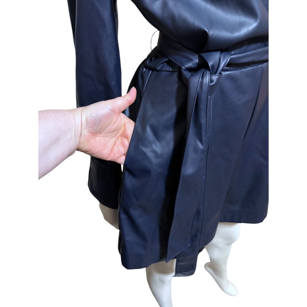 BCBG Slate Blue Faux Leather Long Sleeve Romper M Wrap Moto Luxe Biker Rave - Picture 3 of 11